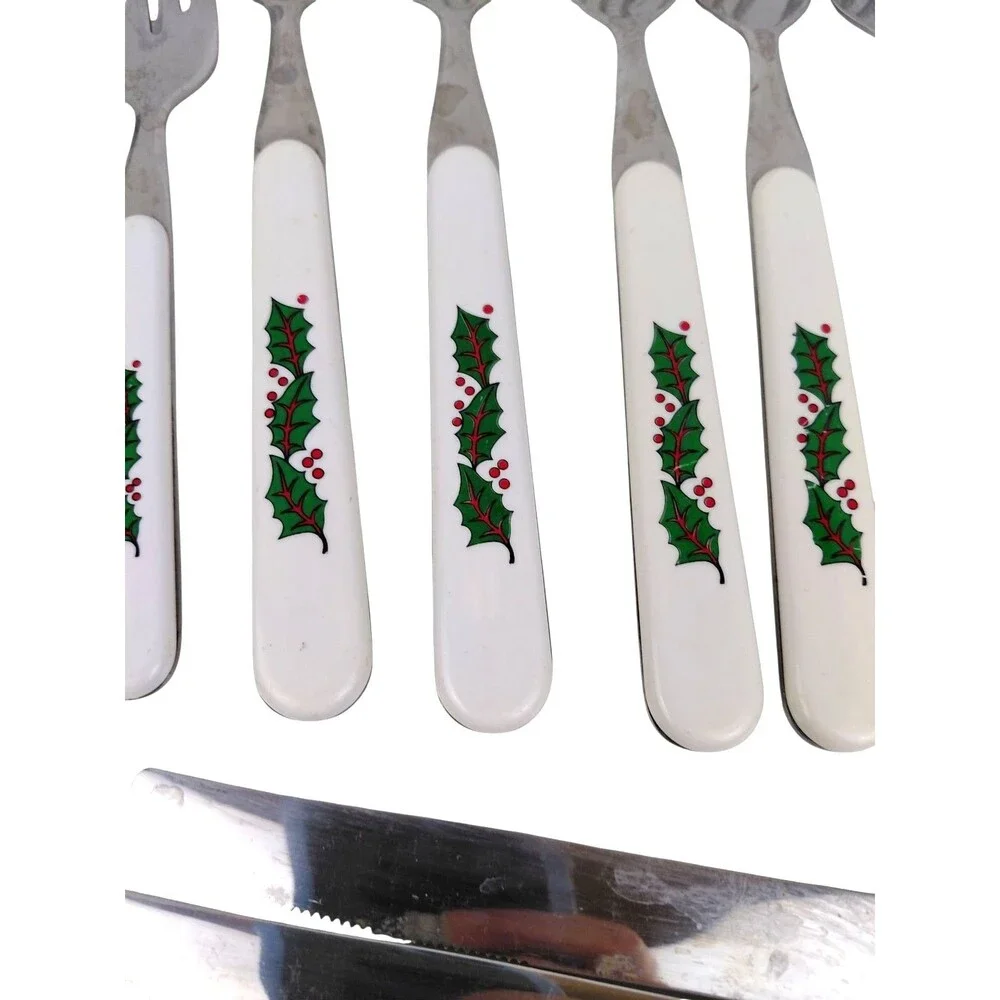 Vtg Stainless Silverware Flatware Plastic Christmas Holly Leaves Berries  Pcs